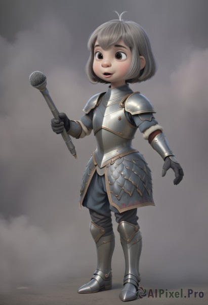 1girl,solo,smile,short hair,open mouth,gloves,holding,brown eyes,standing,full body,weapon,grey hair,boots,parted lips,armor,black eyes,shoulder armor,gauntlets,child,microphone,pauldrons,breastplate,vambraces,female child,armored boots,greaves,faulds,plate armor,brown hair,teeth,sword,knight,full armor,chainmail