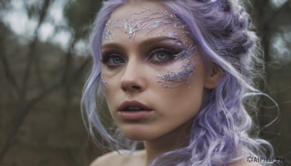 1girl,solo,long hair,looking at viewer,green eyes,purple hair,parted lips,teeth,blurry,tree,lips,grey eyes,eyelashes,blurry background,portrait,nature,close-up,realistic,nose,circlet