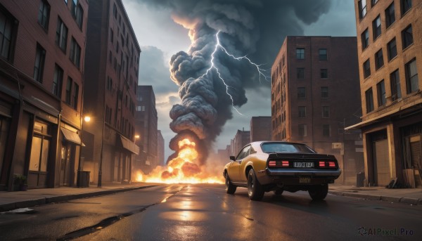 outdoors,sky,day,cloud,no humans,window,cloudy sky,fire,ground vehicle,building,scenery,motor vehicle,smoke,city,electricity,car,road,explosion,vehicle focus,lamppost,street,skyscraper,lightning,destruction