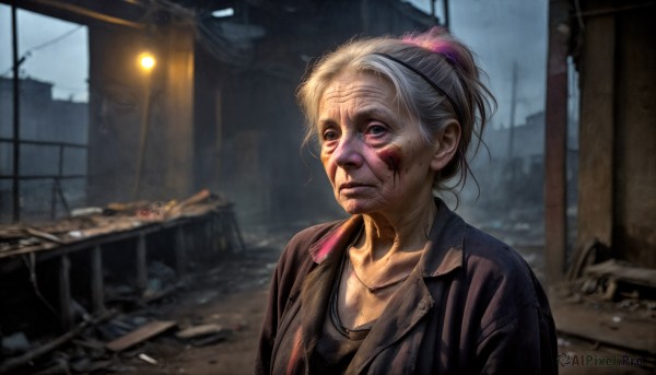 HQ,1girl,solo,shirt,jewelry,closed mouth,collarbone,jacket,upper body,ponytail,white hair,grey hair,outdoors,indoors,necklace,blurry,lips,black jacket,blood,building,blood on face,realistic,old,old woman,wrinkled skin,looking at viewer,short hair,hair bun,makeup,single hair bun,dirty,old man,dirty face