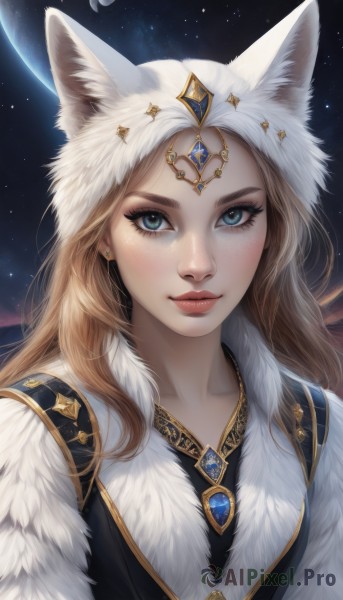 1girl,solo,long hair,looking at viewer,smile,blue eyes,blonde hair,animal ears,jewelry,closed mouth,upper body,earrings,sky,artist name,star (symbol),lips,fur trim,fox ears,eyelashes,makeup,bug,gem,portrait,star (sky),eyeshadow,starry sky,freckles,realistic,nose,red lips,space,ears through headwear,fur,brown hair,hat,hood,necklace,watermark,moon,wolf ears,web address,circlet,mascara