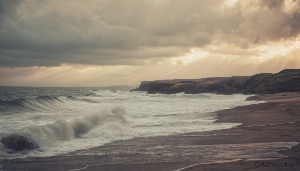 monochrome,outdoors,sky,cloud,water,no humans,ocean,beach,sunlight,cloudy sky,scenery,light rays,sand,horizon,waves,shore