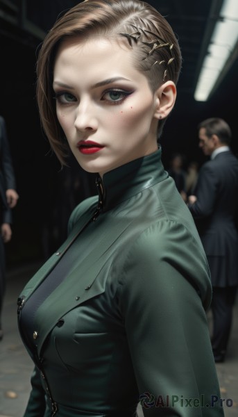 1girl,breasts,looking at viewer,short hair,blonde hair,brown hair,hair ornament,jewelry,green eyes,jacket,upper body,earrings,parted lips,multiple boys,solo focus,hairclip,mole,blurry,lips,coat,eyelashes,mole under eye,makeup,blurry background,lipstick,eyeshadow,freckles,asymmetrical hair,green jacket,realistic,red lips,stud earrings,eyeliner,mascara,medium breasts,artist name,indoors,bodysuit,formal,suit,zipper,nose,very short hair