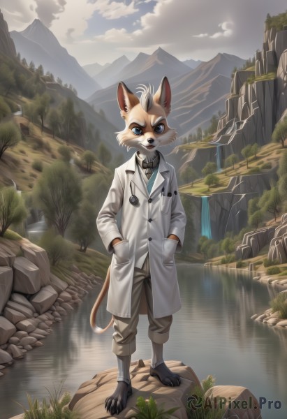 solo,looking at viewer,blue eyes,shirt,1boy,bow,animal ears,standing,tail,full body,male focus,outdoors,sky,barefoot,day,pants,cloud,water,tree,watermark,cloudy sky,grass,nature,scenery,furry,rock,mountain,hands in pockets,labcoat,furry male,river,waterfall,lake,stethoscope,doctor,open mouth,flower,teeth,artist name,white coat,body fur,white fur,cliff