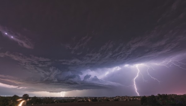 outdoors,sky,cloud,no humans,night,cloudy sky,building,scenery,sunset,city,electricity,cityscape,lightning,landscape,city lights,tree,grass,night sky,horizon,dark,field,hill