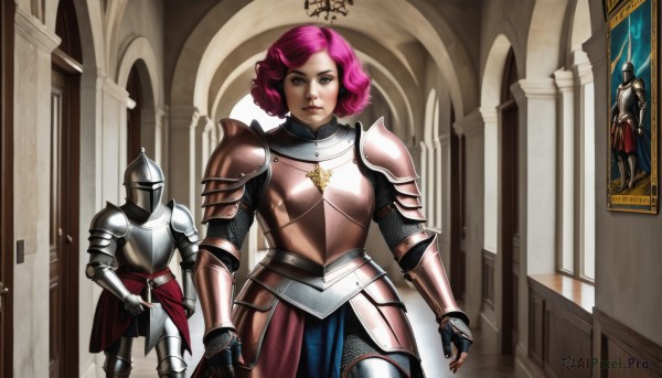 1girl,looking at viewer,short hair,gloves,brown eyes,standing,weapon,pink hair,cowboy shot,multiple boys,solo focus,sword,indoors,armor,lips,makeup,helmet,lipstick,shoulder armor,gauntlets,pauldrons,breastplate,greaves,faulds,knight,full armor,chainmail,plate armor,fingerless gloves,realistic,banner,gorget,portrait (object)