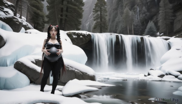 1girl,solo,long hair,breasts,black hair,holding,cleavage,twintails,medium breasts,very long hair,standing,outdoors,water,tree,nature,scenery,snow,forest,ruins,pregnant,waterfall,open mouth,large breasts,braid,pantyhose,twin braids,drill hair