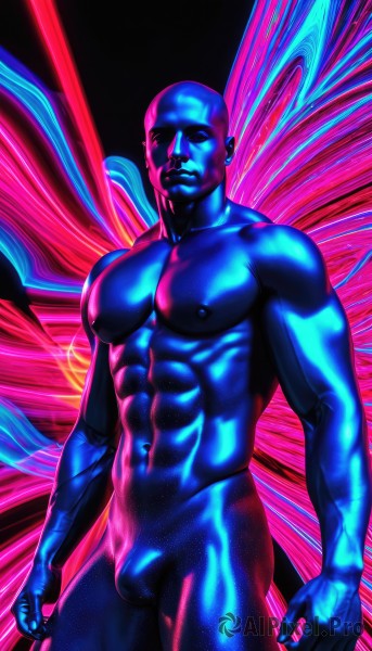 solo,looking at viewer,1boy,navel,closed mouth,nipples,standing,male focus,thighs,nude,cowboy shot,wings,completely nude,muscular,glowing,colored skin,abs,pectorals,muscular male,bara,large pectorals,veins,bulge,blue skin,bald,manly,short hair,holding,artist name,bodysuit,facial hair,thick thighs,blue bodysuit