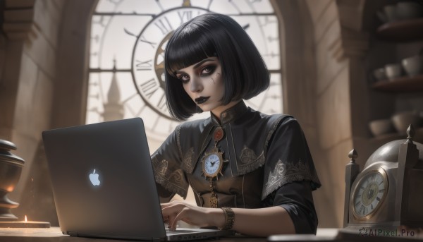 1girl,solo,short hair,bangs,black hair,dress,jewelry,closed mouth,upper body,artist name,indoors,blunt bangs,nail polish,blurry,black eyes,black dress,bracelet,cup,lips,tattoo,makeup,capelet,depth of field,blurry background,facial mark,bob cut,lipstick,brooch,black nails,watch,clock,wristwatch,candle,computer,facial tattoo,black capelet,laptop,gothic,roman numeral,black lips,looking at viewer,brown eyes,sitting,short sleeves,window,nose,eyeliner,facepaint,mascara,hourglass