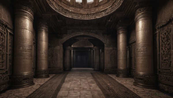 day,indoors,no humans,window,sunlight,scenery,stairs,door,architecture,pillar,hallway,arch,column,stone floor,wooden floor,fantasy,sepia,brown theme,carpet