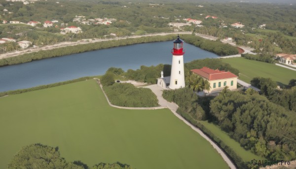 outdoors,day,water,tree,no humans,grass,building,nature,scenery,forest,city,road,bush,house,bridge,river,landscape,lake,path,town,sky,ocean,mountain,field,tower,lighthouse