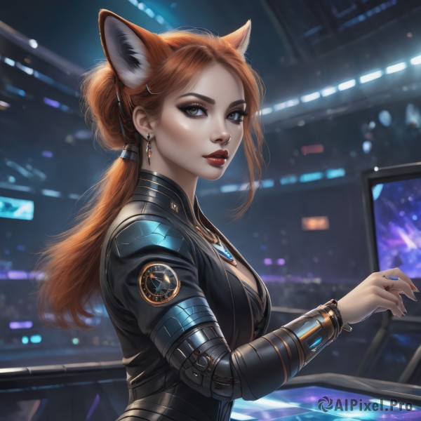 1girl,solo,long hair,breasts,looking at viewer,brown hair,animal ears,cleavage,brown eyes,jewelry,medium breasts,upper body,ponytail,earrings,parted lips,cat ears,necklace,orange hair,blurry,from side,lips,fox ears,bodysuit,makeup,blurry background,lipstick,eyeshadow,science fiction,red lips,eyeliner,blue eyes,closed mouth,green eyes,yellow eyes,artist name,nail polish,bracelet,fingernails,ring,fox girl,black nails,low ponytail,realistic,stadium