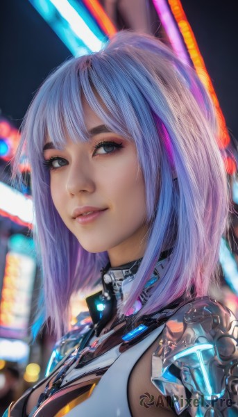 1girl,solo,breasts,looking at viewer,smile,short hair,bangs,animal ears,medium breasts,blue hair,upper body,pink hair,purple hair,white hair,multicolored hair,parted lips,artist name,medium hair,blurry,black eyes,two-tone hair,lips,streaked hair,grey eyes,clothing cutout,bodysuit,makeup,blurry background,science fiction,realistic,nose,mechanical arms,cyborg,cyberpunk,long hair,blue eyes,choker,armor,from side,looking to the side,eyelashes,glowing,portrait,close-up,neon lights