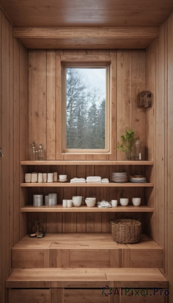 flower,day,indoors,tree,cup,no humans,window,table,bottle,plant,nature,scenery,plate,teacup,basket,teapot,saucer,shelf,vase,wooden wall,food,sky,snow,bowl,door,bare tree,flower pot