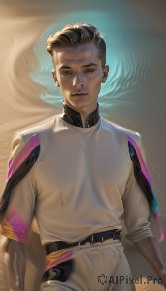 1girl,solo,looking at viewer,short hair,brown hair,shirt,black hair,brown eyes,jewelry,white shirt,earrings,parted lips,belt,pants,dark skin,dark-skinned female,lips,science fiction,black belt,realistic,white pants,nose,smile,1boy,standing,upper body,male focus,dark-skinned male