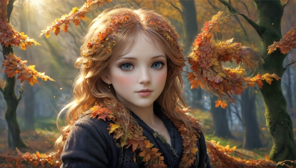 HQ,1girl,solo,long hair,looking at viewer,blush,blue eyes,blonde hair,brown hair,hair ornament,jewelry,upper body,earrings,outdoors,parted lips,day,mole,blurry,tree,lips,eyelashes,mole under eye,leaf,wavy hair,sunlight,nature,forest,freckles,realistic,nose,autumn leaves,maple leaf,autumn,bangs,flower,japanese clothes,hair flower,kimono,parted bangs,depth of field,blurry background,portrait,light rays,pink lips,blue kimono,head wreath