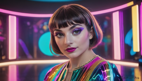 1girl,solo,looking at viewer,smile,short hair,bangs,brown hair,black hair,brown eyes,jewelry,closed mouth,upper body,multicolored hair,earrings,necklace,blurry,lips,eyelashes,makeup,blurry background,bob cut,thick eyebrows,lipstick,portrait,eyeshadow,freckles,nose,eyeliner,purple lips,mascara,parted lips,blunt bangs,bag,backpack,light smile,pink lips,realistic,neon lights