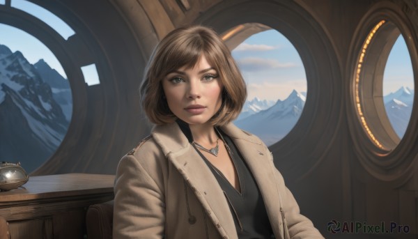 1girl,solo,looking at viewer,short hair,bangs,brown hair,brown eyes,jewelry,closed mouth,jacket,upper body,open clothes,sky,day,indoors,necklace,blue sky,lips,coat,looking to the side,window,looking away,pendant,brown jacket,mountain,realistic,nose,mountainous horizon,scenery