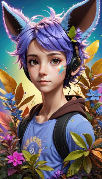 1girl,solo,looking at viewer,short hair,shirt,hair ornament,1boy,animal ears,brown eyes,closed mouth,blue hair,collarbone,upper body,purple hair,flower,male focus,artist name,hair flower,hood,bag,rabbit ears,lips,fox ears,eyelashes,hoodie,headphones,leaf,backpack,hood down,blue shirt,plant,androgynous,freckles,blue flower,nose,purple flower,watermark,web address,facepaint