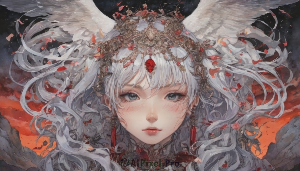 1girl,solo,long hair,looking at viewer,blush,bangs,blue eyes,hair ornament,jewelry,closed mouth,white hair,earrings,outdoors,parted lips,wings,sky,cloud,lips,grey eyes,petals,eyelashes,floating hair,wavy hair,head wings,gem,portrait,star (sky),feathered wings,white wings,red lips,expressionless,crown,wind,messy hair,angel wings,angel,straight-on,red sky