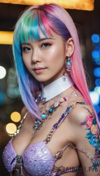 1girl,solo,long hair,breasts,looking at viewer,bangs,cleavage,jewelry,medium breasts,closed mouth,underwear,blue hair,upper body,pink hair,multicolored hair,earrings,necklace,bra,blurry,black eyes,collar,two-tone hair,lips,eyelashes,tattoo,gradient hair,makeup,detached collar,blurry background,piercing,lingerie,lipstick,gem,eyeshadow,realistic,nose,arm tattoo,blue eyes,bare shoulders,depth of field,watermark,purple bra,bokeh,rainbow hair