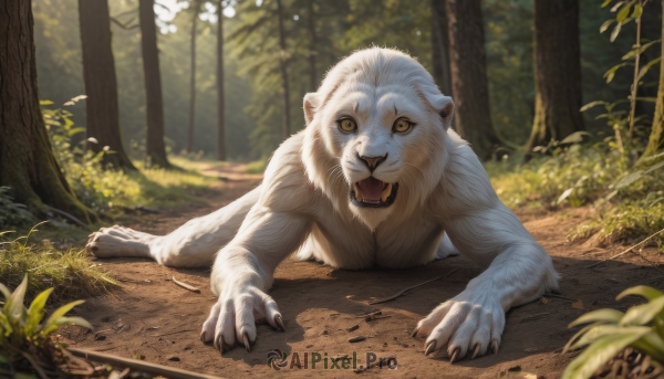 solo,looking at viewer,open mouth,full body,yellow eyes,outdoors,lying,teeth,day,tongue,blurry,tree,no humans,depth of field,animal,fangs,grass,plant,on stomach,nature,claws,forest,realistic,animal focus,tiger,blurry background,leaf