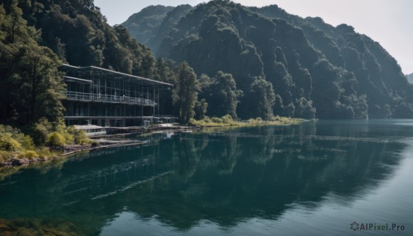 outdoors,sky,day,cloud,water,tree,no humans,building,nature,scenery,forest,reflection,mountain,architecture,bridge,east asian architecture,river,landscape,lake,watercraft,ship