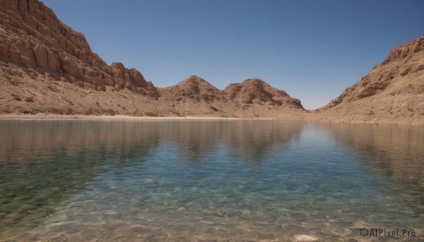 outdoors,sky,day,water,blue sky,no humans,scenery,reflection,rock,mountain,sand,river,landscape,lake,desert,reflective water,ocean,shore