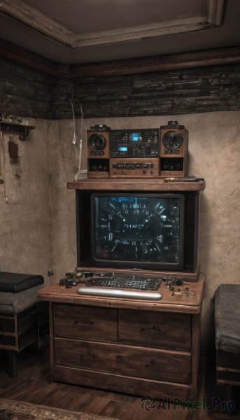 indoors,english text,no humans,chair,table,scenery,wooden floor,clock,cable,chalkboard,still life,phone,cellphone,smartphone,desk,realistic,monitor,keyboard (computer),speaker,screen