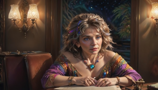 1girl,solo,long hair,breasts,blue eyes,blonde hair,brown hair,hair ornament,cleavage,bare shoulders,jewelry,sitting,collarbone,upper body,earrings,indoors,necklace,off shoulder,nail polish,bracelet,lips,book,night,chair,table,ring,gem,lantern,realistic,nose,fantasy,light,lamp,long sleeves,closed mouth,fingernails,eyelashes,window,makeup,wavy hair,looking away,lipstick,pendant,paper,pink lips,red lips,pen,bangle,mascara,writing,nib pen (object)