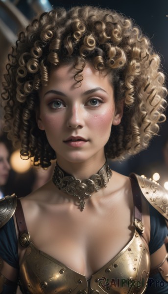 1girl,solo,breasts,looking at viewer,short hair,blue eyes,brown hair,cleavage,jewelry,medium breasts,collarbone,upper body,solo focus,choker,dark skin,necklace,armor,blurry,dark-skinned female,lips,eyelashes,depth of field,blurry background,shoulder armor,freckles,curly hair,pauldrons,breastplate,realistic,nose,bikini armor,afro,gorget,blush,multiple girls,black hair,2girls,parted lips,artist name,watermark