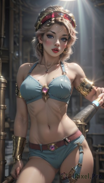 1girl,solo,breasts,looking at viewer,blush,short hair,open mouth,blue eyes,blonde hair,navel,holding,cleavage,bare shoulders,jewelry,medium breasts,underwear,standing,collarbone,swimsuit,weapon,bikini,cowboy shot,hairband,earrings,parted lips,shorts,midriff,belt,sword,medium hair,necklace,stomach,bra,mole,blurry,bracelet,lips,short shorts,makeup,thigh strap,blurry background,headband,abs,sunlight,ring,gem,sheath,blue bikini,armlet,pendant,freckles,contrapposto,toned,realistic,red hairband,red lips,bracer,blue bra,gold,tonfa,mole on stomach,brown hair,thighhighs,teeth,indoors,ass visible through thighs,facial mark