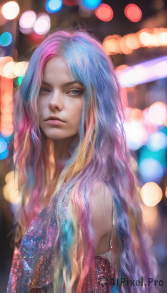 1girl,solo,long hair,looking at viewer,blue eyes,blonde hair,dress,bare shoulders,closed mouth,blue hair,upper body,pink hair,multicolored hair,blurry,two-tone hair,lips,makeup,depth of field,blurry background,watermark,wavy hair,web address,freckles,realistic,nose,bokeh,artist name,from side,looking to the side,eyelashes,gradient hair