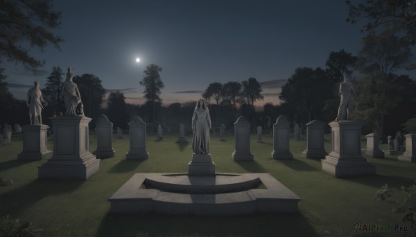 solo,long hair,standing,outdoors,sky,cloud,tree,no humans,night,moon,grass,star (sky),night sky,scenery,full moon,robe,statue,tombstone,graveyard,stone lantern,horizon