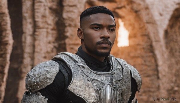 solo,short hair,black hair,1boy,closed mouth,upper body,male focus,dark skin,armor,blurry,black eyes,looking to the side,blurry background,facial hair,dark-skinned male,shoulder armor,beard,pauldrons,breastplate,realistic,mustache,very short hair,manly,very dark skin,photo background,chainmail,brown eyes,fire,animification