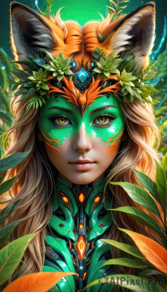 1girl,solo,long hair,looking at viewer,smile,blonde hair,brown hair,animal ears,closed mouth,yellow eyes,upper body,artist name,cat ears,signature,lips,animal ear fluff,fox ears,eyelashes,makeup,glowing,headgear,leaf,watermark,facial mark,plant,slit pupils,portrait,web address,light particles,nose,facepaint,head wreath,hair ornament,green eyes,flower,hair flower,orange hair,close-up,science fiction