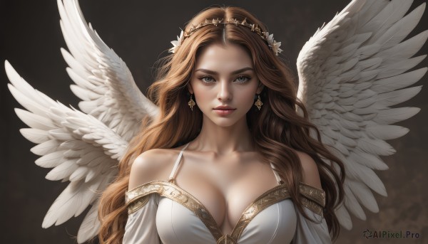 1girl,solo,long hair,breasts,looking at viewer,blue eyes,large breasts,simple background,brown hair,hair ornament,dress,cleavage,bare shoulders,jewelry,closed mouth,collarbone,upper body,earrings,wings,white dress,lips,grey eyes,wavy hair,tiara,feathered wings,angel wings,realistic,white wings,angel,medium breasts,off shoulder,crown,black background,nose