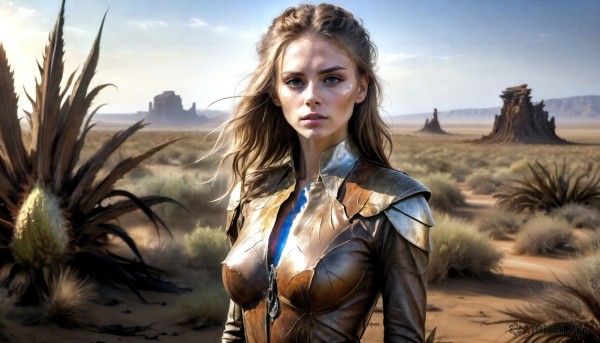 HQ,1girl,solo,long hair,breasts,looking at viewer,blue eyes,brown hair,medium breasts,upper body,outdoors,parted lips,sky,day,cloud,armor,blue sky,lips,bodysuit,grass,plant,shoulder armor,mountain,realistic,nose,blonde hair,tree,sunlight,scenery,dirty