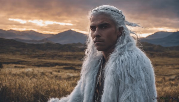 solo,long hair,blue eyes,1boy,jewelry,upper body,braid,white hair,male focus,outdoors,sky,cloud,signature,blurry,facial hair,scenery,beard,sunset,mountain,realistic,field,mountainous horizon,looking at viewer,closed mouth,fur trim,scar,cloudy sky