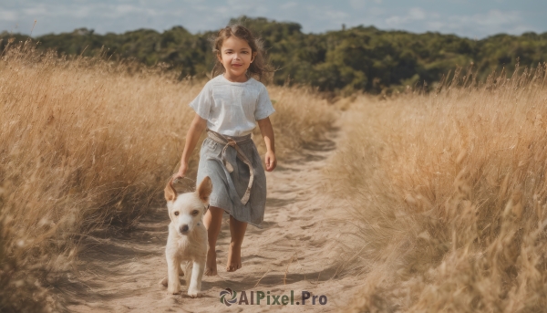 1girl,solo,long hair,looking at viewer,smile,skirt,brown hair,shirt,brown eyes,standing,white shirt,short sleeves,outdoors,sky,barefoot,day,belt,blurry,blue skirt,blurry background,animal,grass,blue shirt,child,freckles,walking,dog,long skirt,realistic,field,petting,holding,tree,blue sky,lips,denim,nature