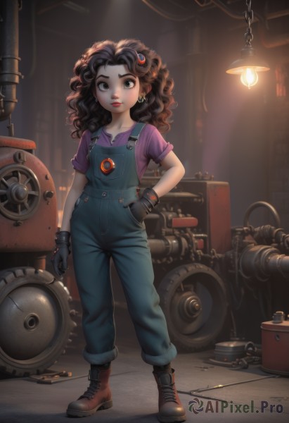 1girl,solo,long hair,looking at viewer,brown hair,shirt,black hair,hair ornament,gloves,brown eyes,jewelry,closed mouth,standing,full body,short sleeves,earrings,boots,black gloves,pants,indoors,black eyes,lips,hand on hip,grey eyes,wavy hair,brown footwear,denim,child,cross-laced footwear,curly hair,hand in pocket,purple shirt,red lips,female child,lamp,overalls,wrench,industrial pipe,machine,collarbone,artist name,watermark,nose,cable,drill