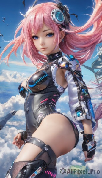 1girl,solo,long hair,breasts,looking at viewer,smile,bangs,blue eyes,thighhighs,gloves,cleavage,medium breasts,pink hair,ass,cowboy shot,outdoors,detached sleeves,sky,day,black gloves,black thighhighs,cloud,fingerless gloves,from side,leotard,blue sky,lips,clothing cutout,thigh strap,floating hair,headgear,bird,science fiction,hair ornament,long sleeves,closed mouth,thighs,artist name,cloudy sky,black leotard