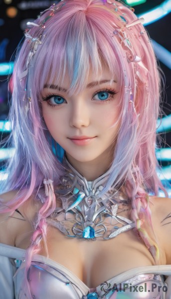 1girl,solo,long hair,breasts,looking at viewer,smile,bangs,blue eyes,hair ornament,dress,cleavage,bare shoulders,medium breasts,closed mouth,upper body,pink hair,braid,multicolored hair,artist name,blurry,two-tone hair,lips,streaked hair,eyelashes,makeup,blurry background,gem,portrait,realistic,nose,blue hair,gradient hair