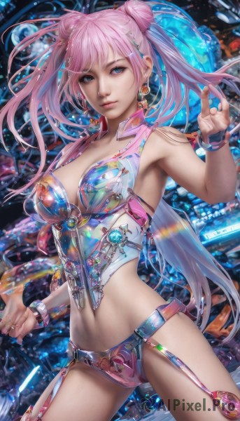 1girl,solo,long hair,breasts,looking at viewer,bangs,blue eyes,large breasts,hair ornament,navel,cleavage,twintails,jewelry,medium breasts,underwear,pink hair,cowboy shot,earrings,midriff,armpits,hair bun,bracelet,lips,double bun,garter straps,ring,realistic,cone hair bun,bustier,thighhighs,standing,panties,belt,watermark,gem,web address,corset,science fiction