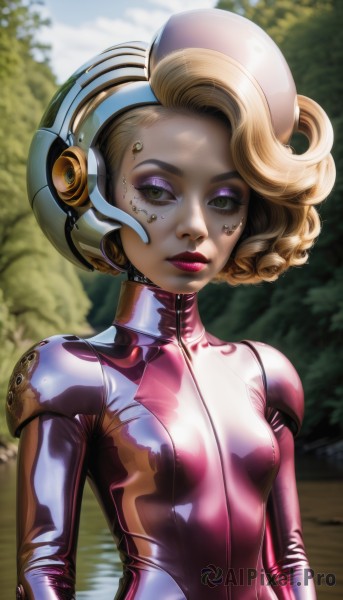 1girl,solo,breasts,looking at viewer,short hair,blonde hair,brown eyes,closed mouth,green eyes,upper body,small breasts,outdoors,day,blurry,lips,bodysuit,makeup,blurry background,helmet,lipstick,skin tight,eyeshadow,curly hair,realistic,latex,purple bodysuit,pink bodysuit,spacesuit,space helmet,shiny,covered nipples,tree,eyelashes,headphones,zipper,shiny clothes,nose,eyeliner,cyborg,mascara