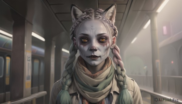 1girl,solo,long hair,looking at viewer,animal ears,jacket,yellow eyes,upper body,braid,grey hair,multicolored hair,green hair,teeth,indoors,cat ears,scarf,twin braids,two-tone hair,orange eyes,blood,gradient hair,fangs,colored sclera,black sclera,stitches,horror (theme),fangs out,stitched face,smile,brown eyes,jewelry,closed mouth,parted lips,blurry,lips,animal ear fluff,scar,wolf ears,sharp teeth,portrait,extra ears,scar on face,dirty,green scarf,dirty face,cracked skin