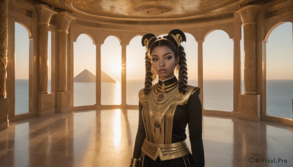 1girl,solo,long hair,looking at viewer,black hair,long sleeves,dress,brown eyes,jewelry,closed mouth,upper body,earrings,indoors,dark skin,hair bun,black eyes,dark-skinned female,lips,double bun,makeup,drill hair,sunlight,lipstick,twin drills,backlighting,gold trim,pillar,egyptian,brown hair,hair ornament,twintails,gem,tiles,tile floor,very dark skin