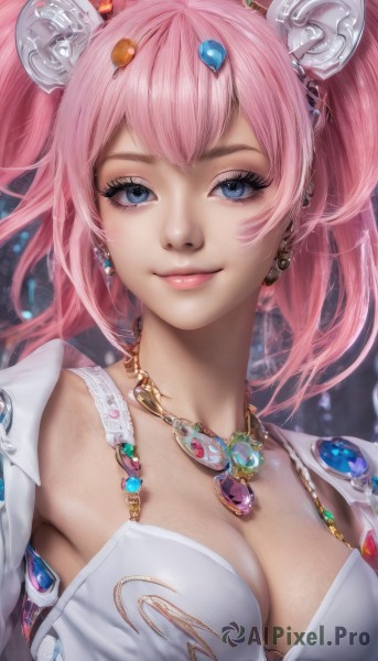 1girl,solo,long hair,breasts,looking at viewer,smile,bangs,blue eyes,hair ornament,cleavage,twintails,jewelry,medium breasts,closed mouth,upper body,pink hair,heart,earrings,necklace,lips,eyelashes,makeup,gem,pendant,realistic,nose,large breasts,armpits