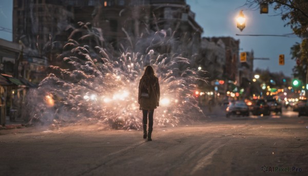 1girl, solo, long hair, standing, pantyhose, boots, outdoors, sky, bag, from behind, blurry, tree, coat, night, depth of field, ground vehicle, building, scenery, motor vehicle, walking, city, sign, hands in pockets, facing away, car, road, power lines, lamppost, street