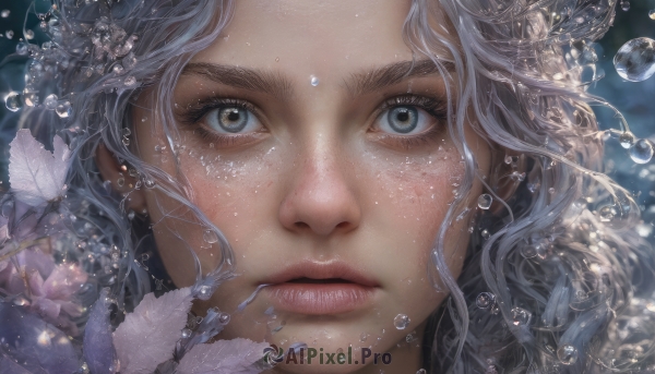 1girl,solo,long hair,looking at viewer,closed mouth,flower,grey hair,water,blurry,lips,grey eyes,eyelashes,wavy hair,feathers,portrait,close-up,freckles,bubble,water drop,realistic,nose,air bubble,jewelry,green eyes,parted lips,floating hair,underwater